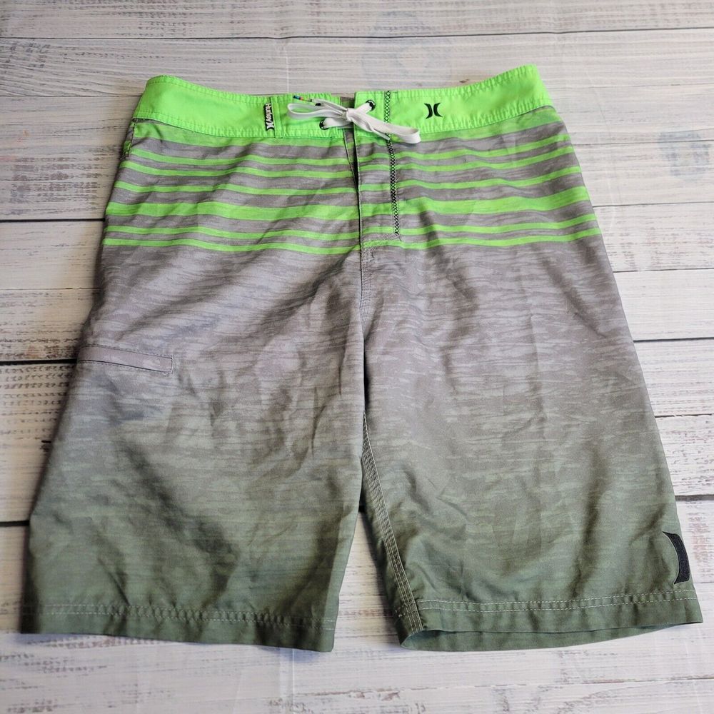 Hurley Board Shorts Mens 32 (36) Lime Green Gray Swim Trunks Drawstring Pocket - Picture 3 of 8